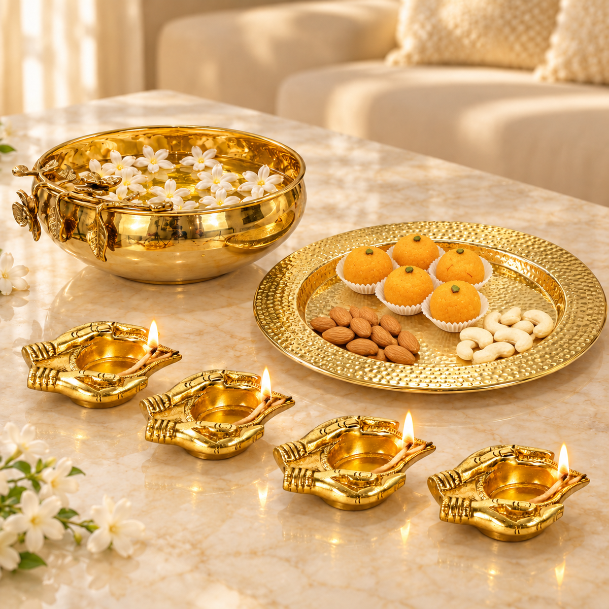 Mehak brass urli and gold hammered platter styled with four lit brass oil lamps on marble