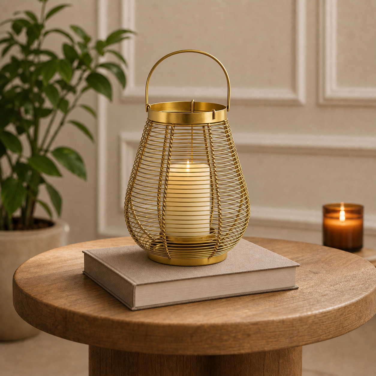 A gold wire lantern candle holder with a handle, containing a lit cream pillar candle, displayed on a book on a round wooden table in a cozy room setting.
