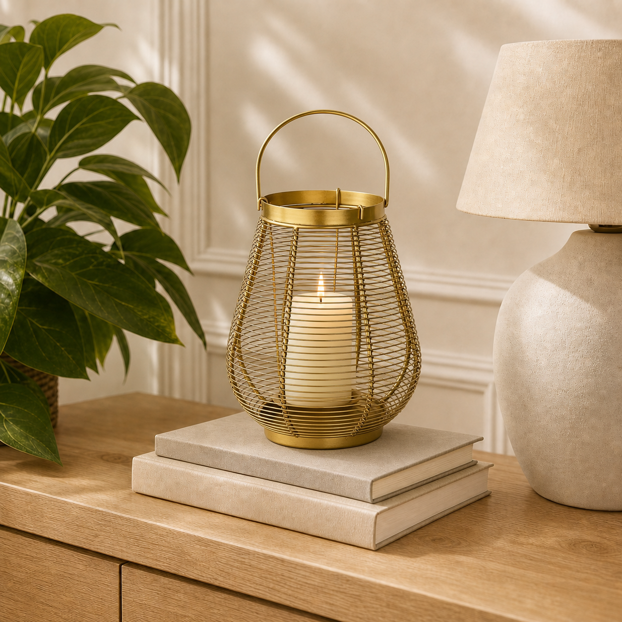 A gold wire mesh lantern candle holder with a lit white candle sits on two stacked books on a wooden table, with a potted plant on the left and a table lamp on the right in a softly lit room.