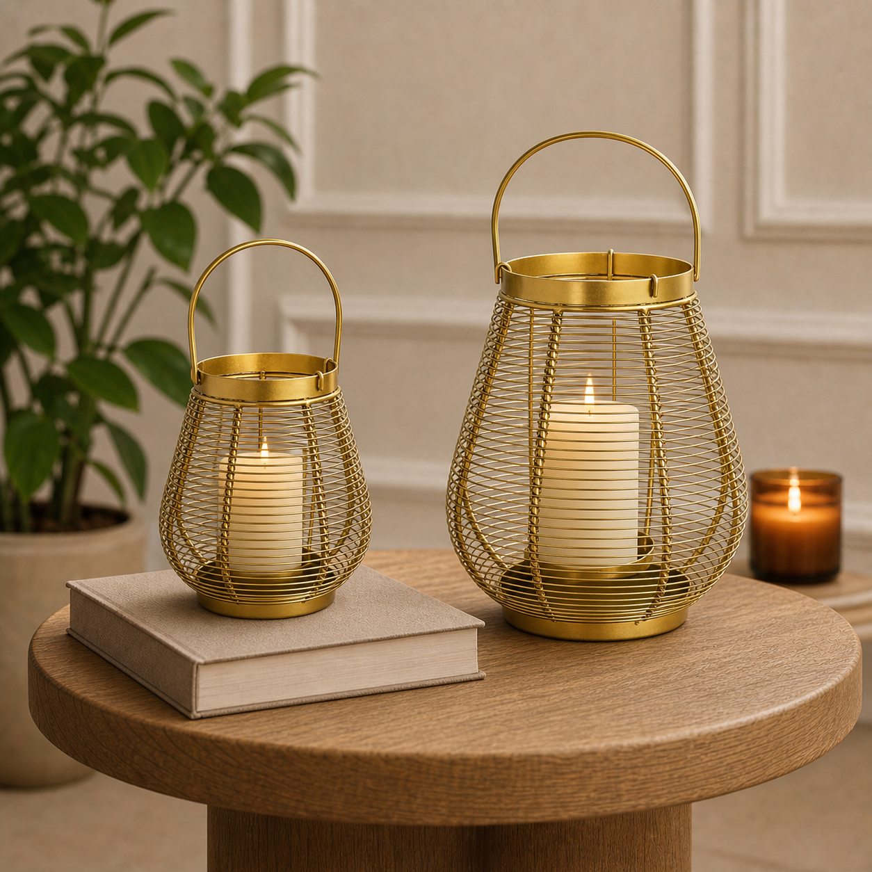 Two gold wire mesh lanterns with arched handles, each holding a white pillar candle, displayed on a round wooden table in a styled interior setting with a potted plant and a small amber candle in the background.
