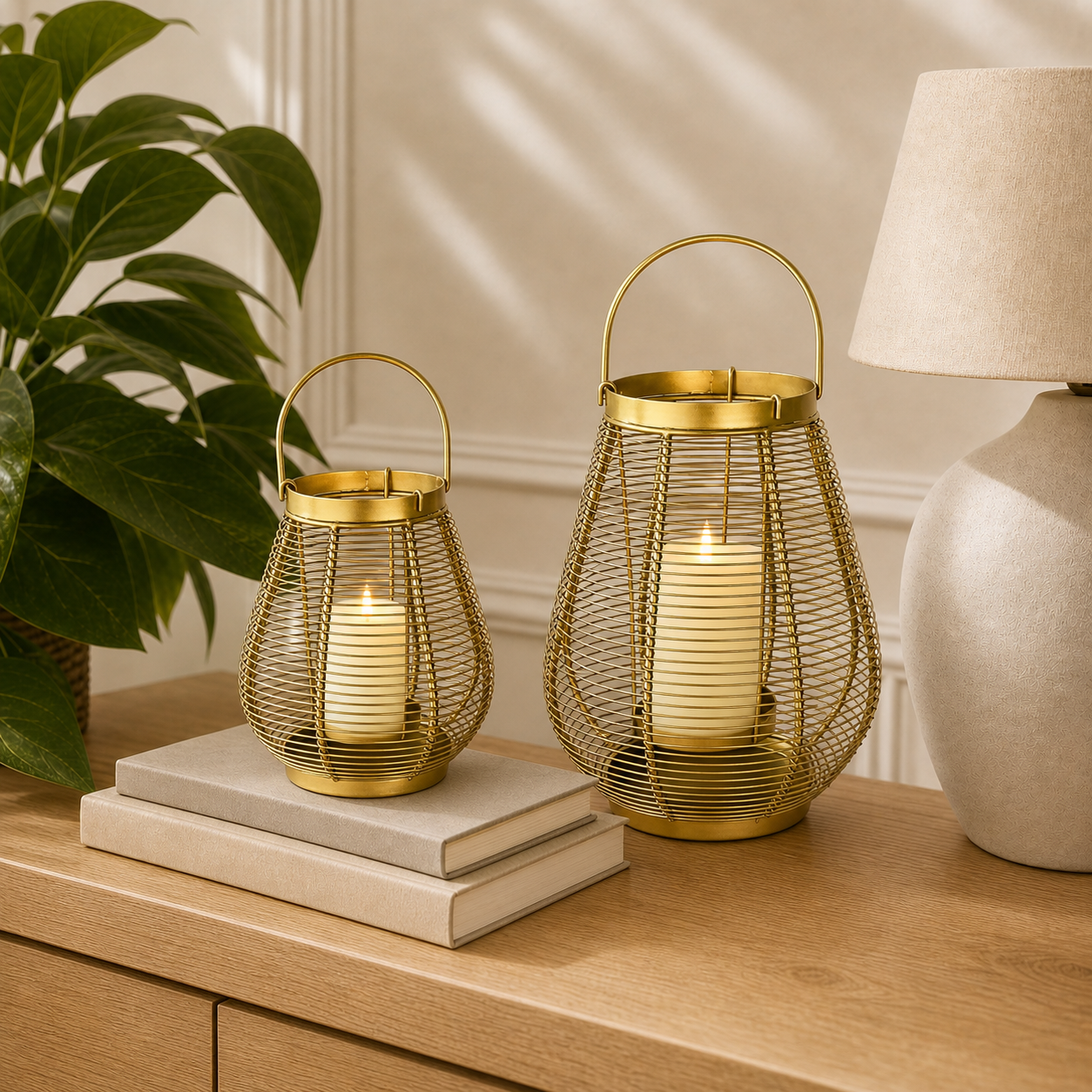 Two gold wire mesh lanterns with built-in candle holders sit on stacked books on a wooden table, with a potted plant on the left and a lamp on the right in a softly lit interior setting.