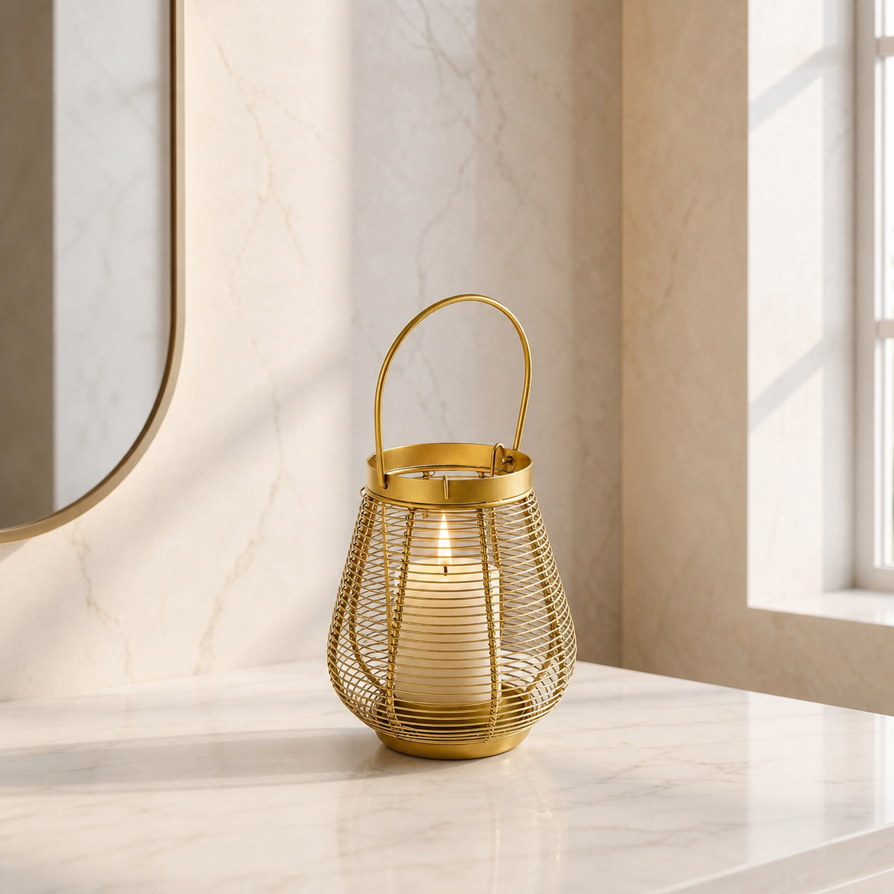 A gold metal wire lantern candle holder with a handle, containing a lit cream candle, set on a white marble surface in a bright, modern interior with beige walls and a window.