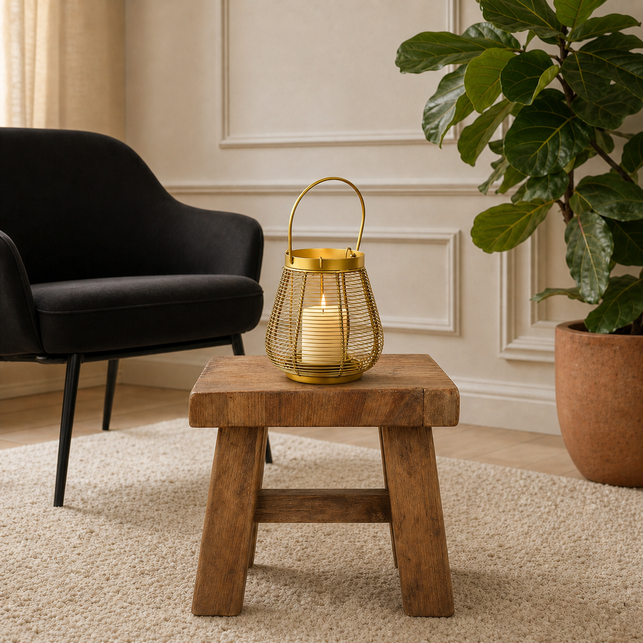 A gold wire mesh lantern candle holder with a gold handle sits on a small wooden stool in a styled living room setting with a black chair and a potted plant.