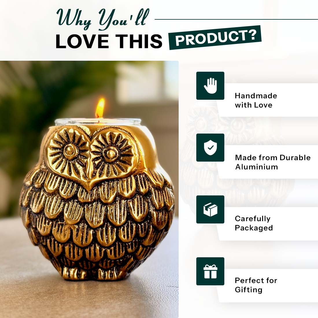 Product image of the Owl Figurine Pair Tea light Holder with Antique Brass Finish from Indian Impressions, featuring two intricately designed owl statues with detailed craftsmanship. Symbolizing wisdom and protection, these figurines are ideal for Vastu, home décor, or gifting, adding a touch of charm and positive energy to any space.