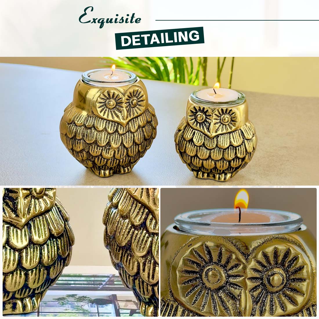 Product image of the Owl Figurine Pair Tea light Holder with Antique Brass Finish from Indian Impressions, featuring two intricately designed owl statues with detailed craftsmanship. Symbolizing wisdom and protection, these figurines are ideal for Vastu, home décor, or gifting, adding a touch of charm and positive energy to any space.