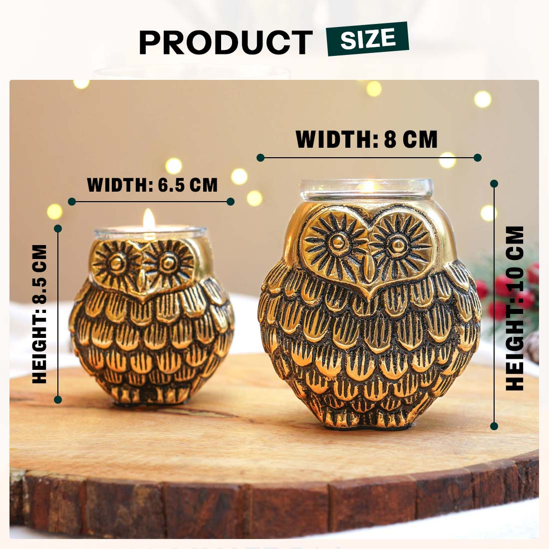 Product image of the Owl Figurine Pair Tea light Holder with Antique Brass Finish from Indian Impressions, featuring two intricately designed owl statues with detailed craftsmanship. Symbolizing wisdom and protection, these figurines are ideal for Vastu, home décor, or gifting, adding a touch of charm and positive energy to any space.