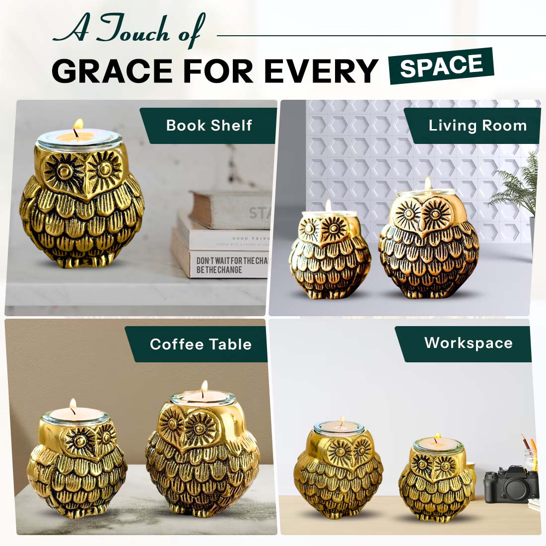 Product image of the Owl Figurine Pair Tea light Holder with Antique Brass Finish from Indian Impressions, featuring two intricately designed owl statues with detailed craftsmanship. Symbolizing wisdom and protection, these figurines are ideal for Vastu, home décor, or gifting, adding a touch of charm and positive energy to any space.