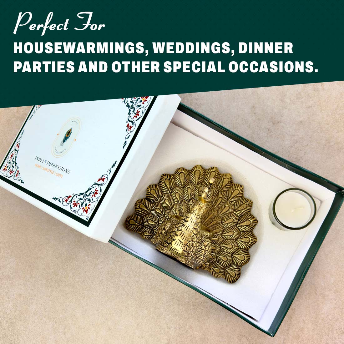 Product image of the Peacock Candle Holder with Antique Brass Finish from Indian Impressions, showcasing a stunning peacock design with intricate detailing and a vintage-inspired finish. Ideal for holding candles, this piece is perfect for Vastu, home décor, festive occasions, or gifting, adding elegance and positive energy to any space.