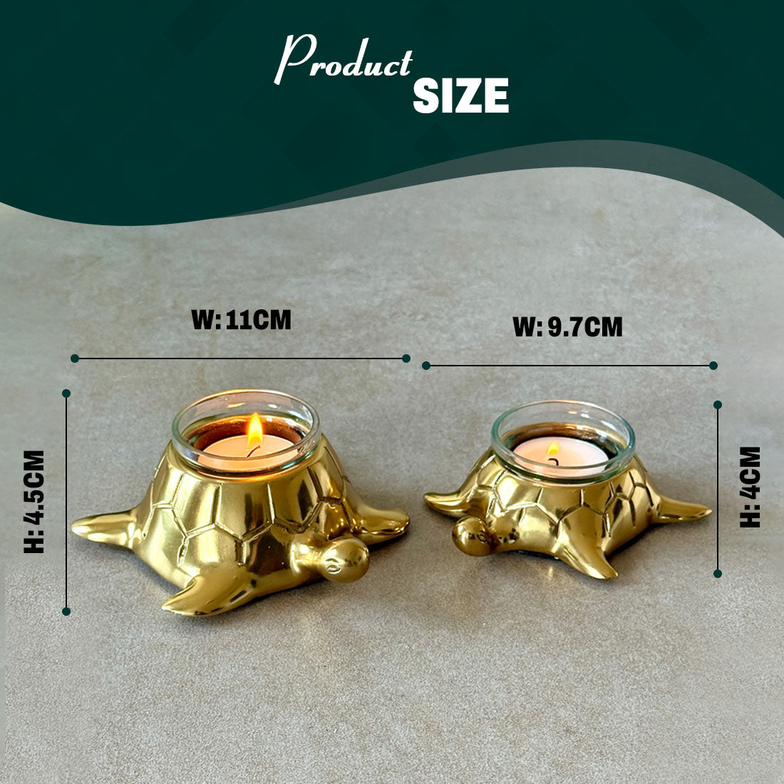 Product image of the Turtle Candle Holder Pair in Gold from Indian Impressions, featuring two beautifully crafted turtle-shaped candle holders with a polished gold finish. Ideal for holding candles, this pair symbolizes stability and longevity. Perfect for Vastu, home décor, or gifting, adding elegance and positive energy to any space.