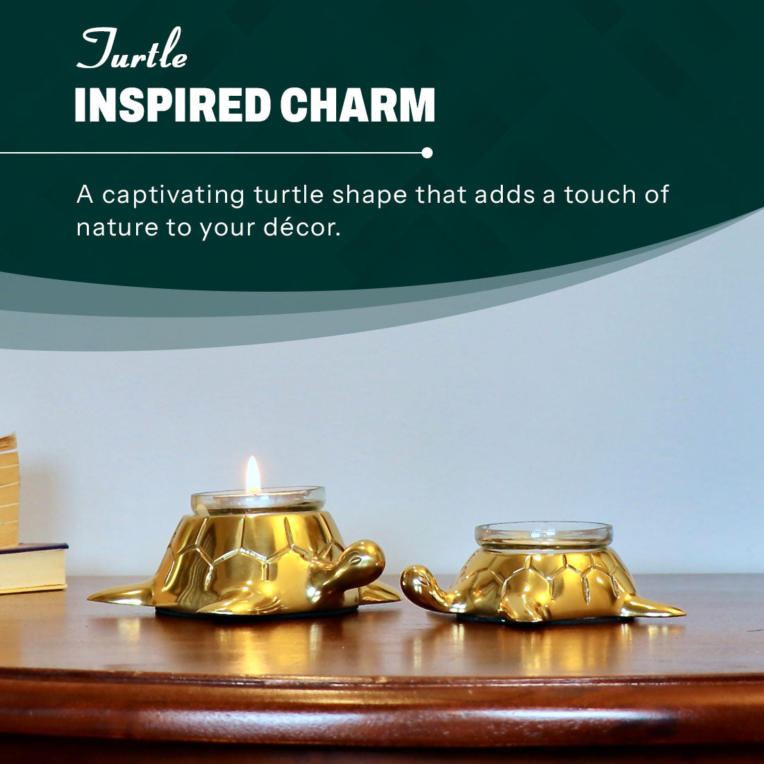 Product image of the Turtle Candle Holder Pair in Gold from Indian Impressions, featuring two beautifully crafted turtle-shaped candle holders with a polished gold finish. Ideal for holding candles, this pair symbolizes stability and longevity. Perfect for Vastu, home décor, or gifting, adding elegance and positive energy to any space.