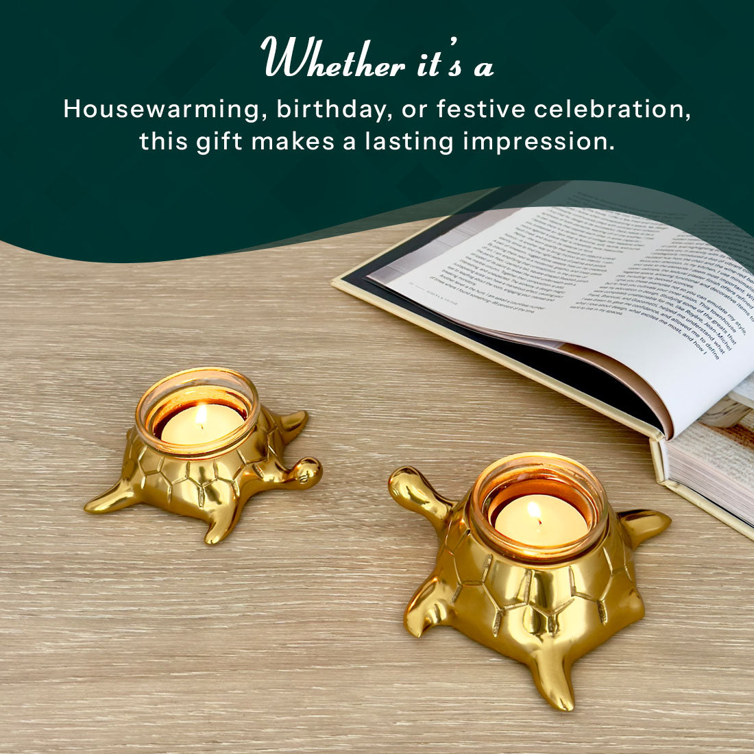 Product image of the Turtle Candle Holder Pair in Gold from Indian Impressions, featuring two beautifully crafted turtle-shaped candle holders with a polished gold finish. Ideal for holding candles, this pair symbolizes stability and longevity. Perfect for Vastu, home décor, or gifting, adding elegance and positive energy to any space.
