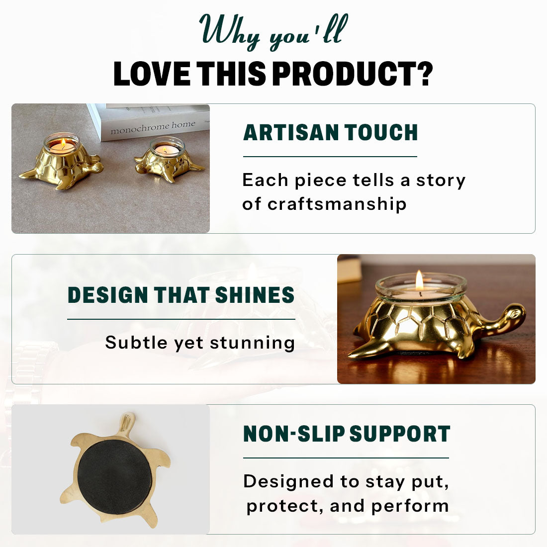 Product image of the Turtle Candle Holder Pair in Gold from Indian Impressions, featuring two beautifully crafted turtle-shaped candle holders with a polished gold finish. Ideal for holding candles, this pair symbolizes stability and longevity. Perfect for Vastu, home décor, or gifting, adding elegance and positive energy to any space.