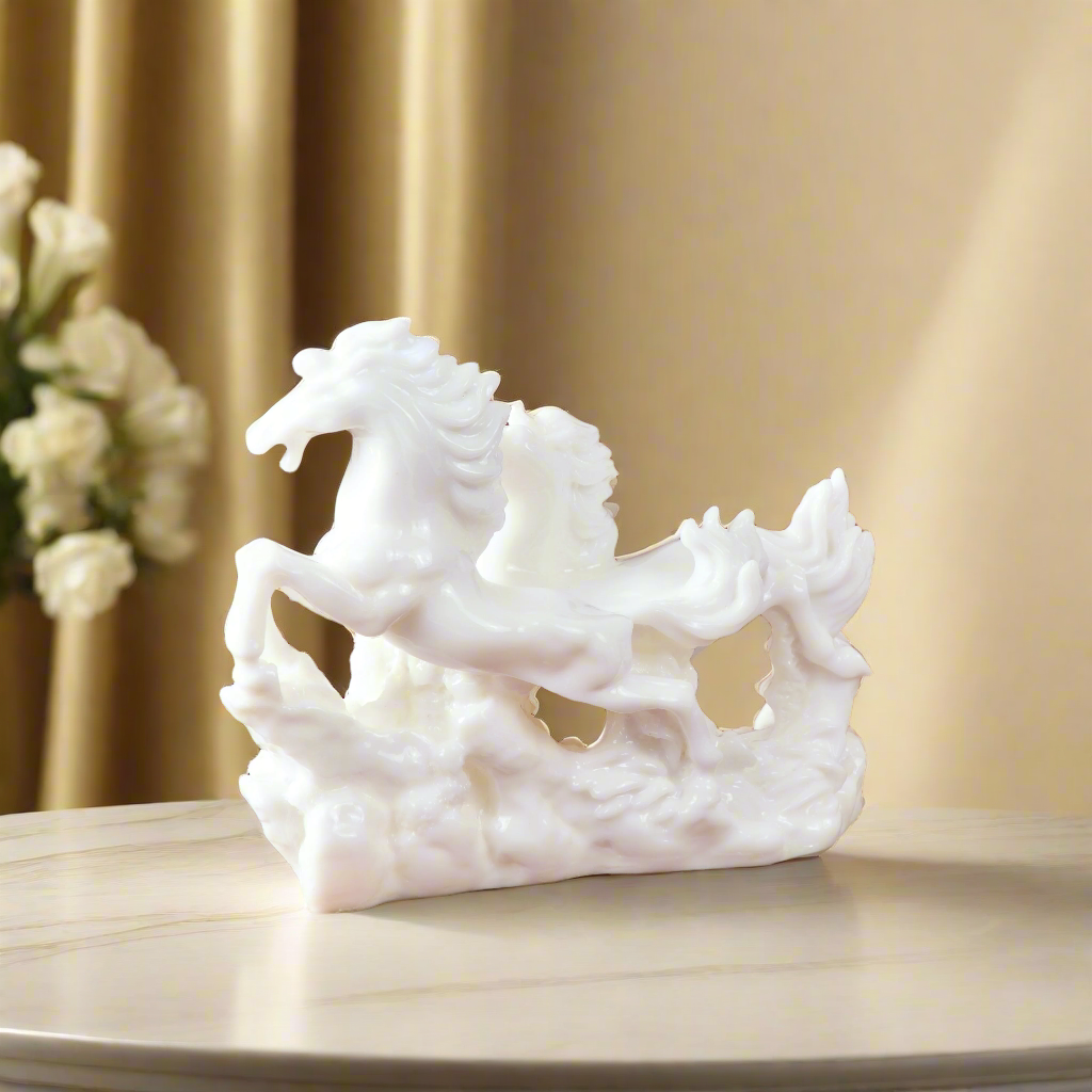 Product image of the Vastu Two White Horses from Indian Impressions, featuring two beautifully crafted white horse figurines symbolizing power, success, and positive energy. Perfect for Vastu corrections, home décor, or gifting, these horses add elegance and harmony to any space, bringing good fortune and strength.