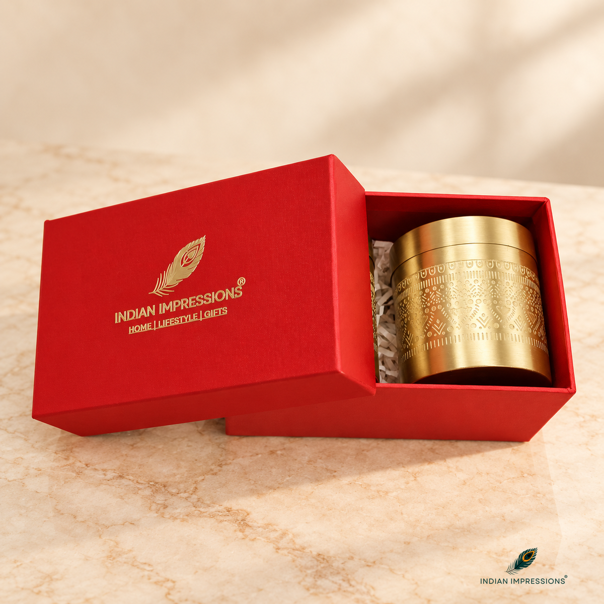 Indian Impressions branded gift packaging with brass jar