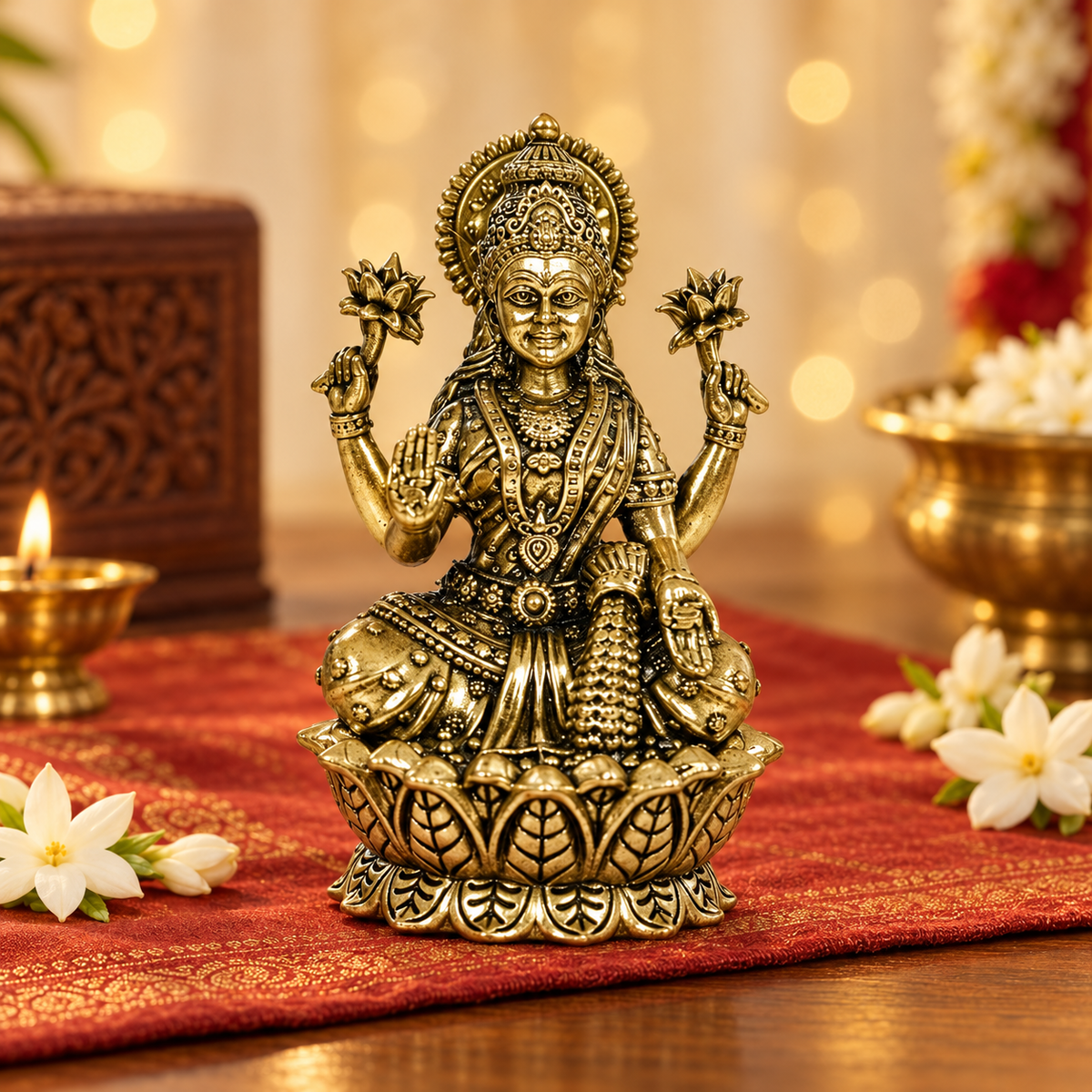 Brass Lakshmi idol on a lotus base in a festive Diwali setting
