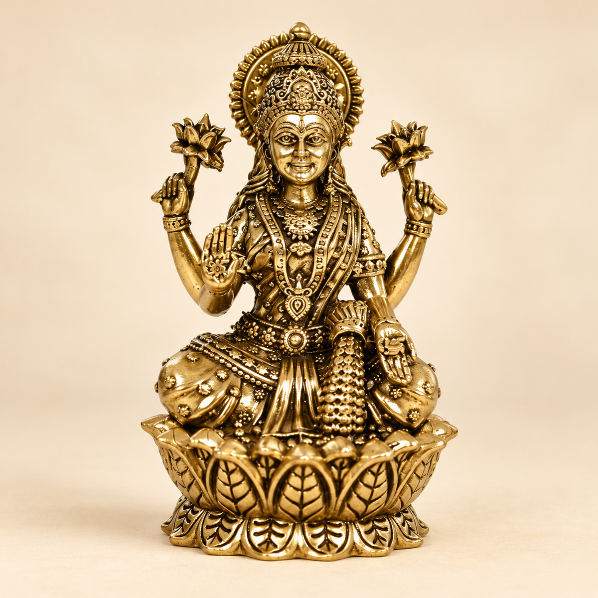 Brass Lakshmi idol seated on a lotus, front view