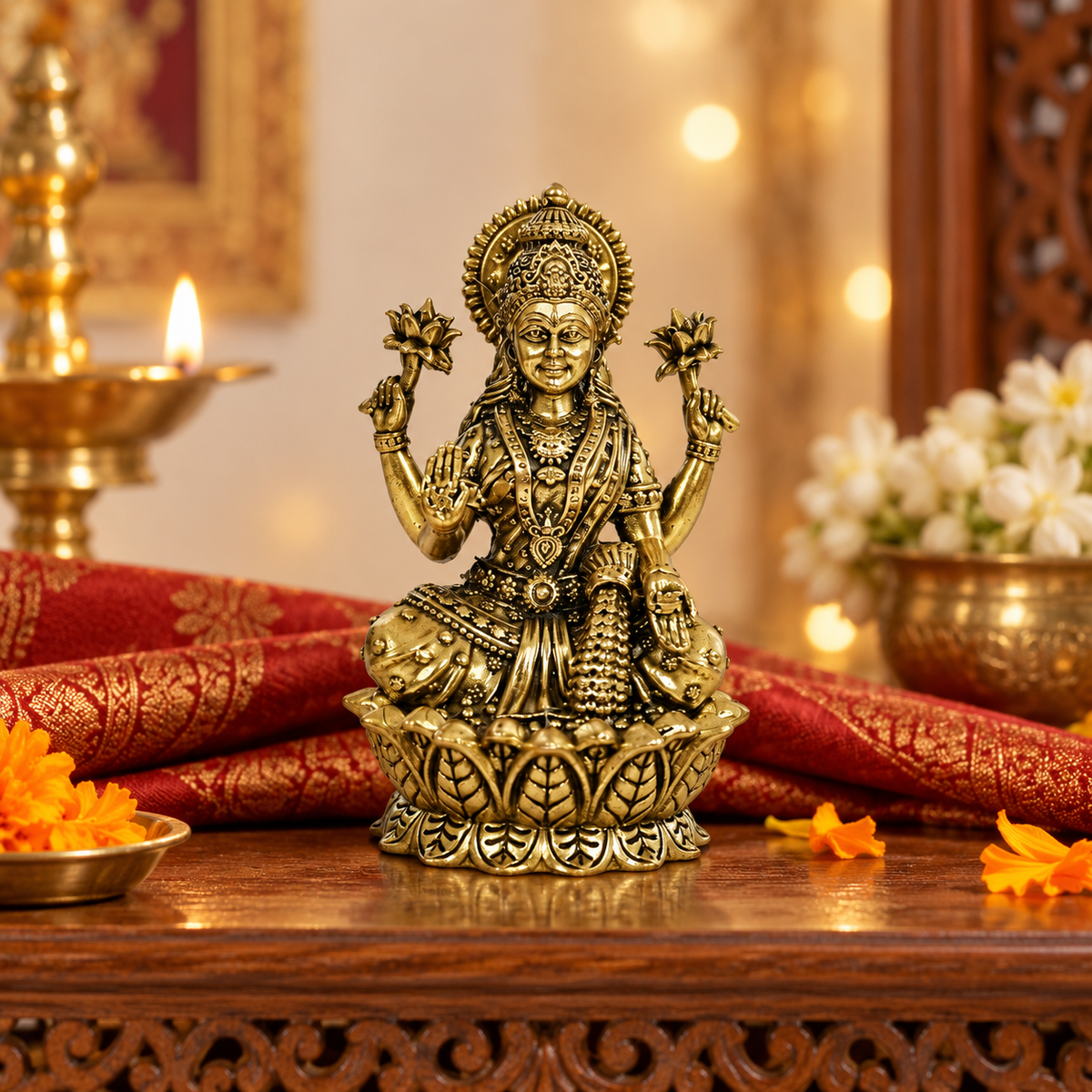 Brass Lakshmi idol in a home pooja setting with flowers