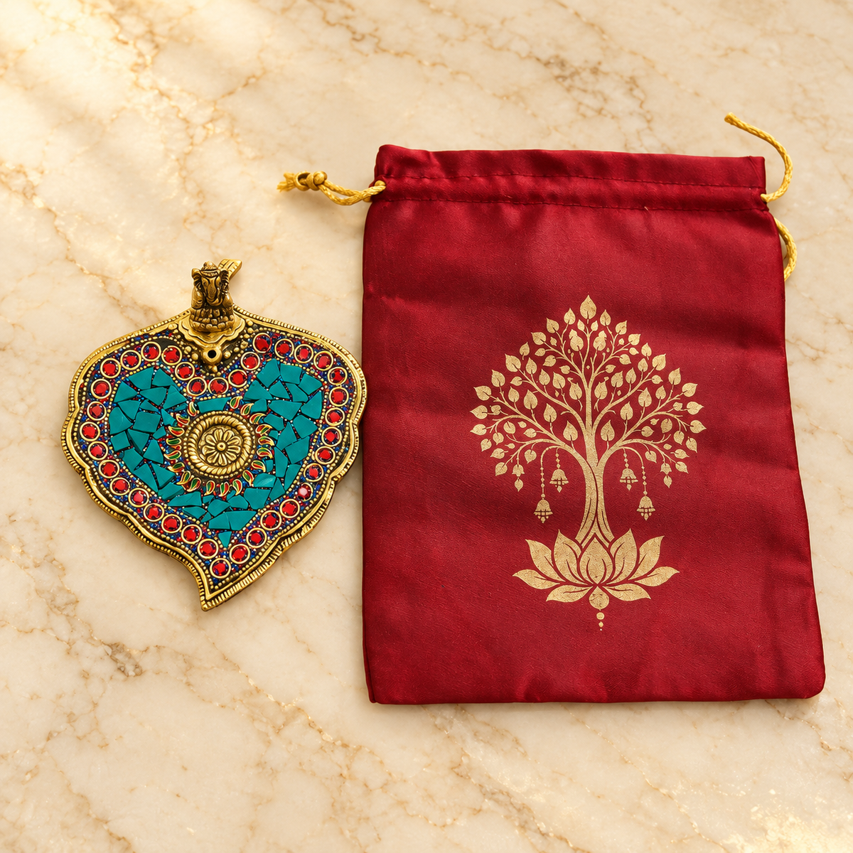 Ganesha leaf incense holder with original burgundy potli drawstring gift bag