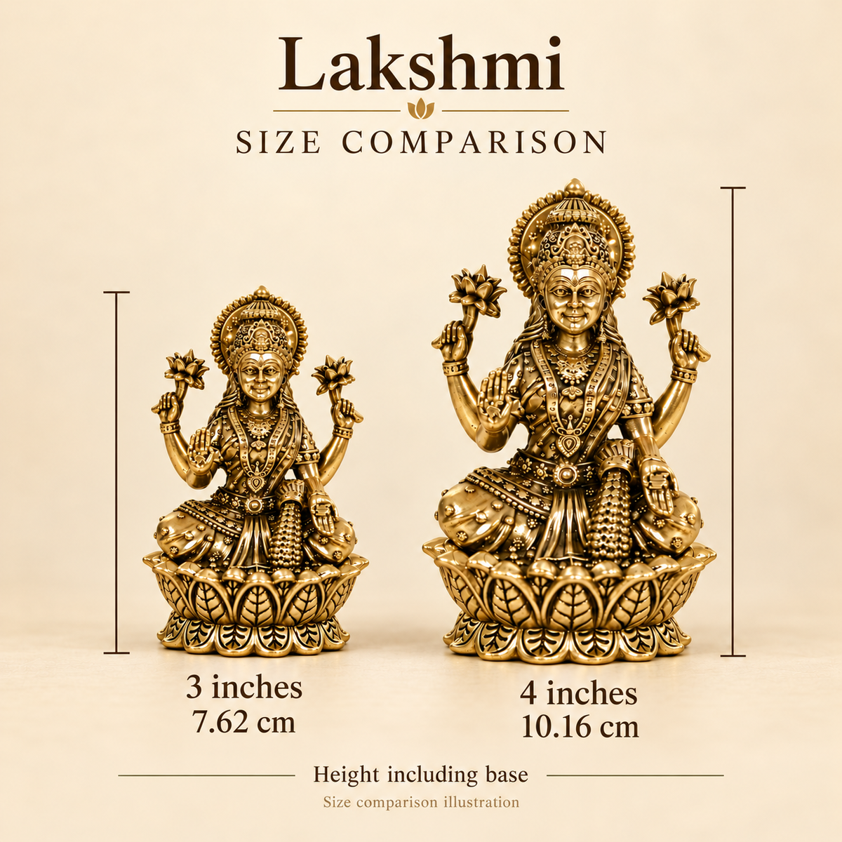 Lakshmi size comparison: 3 inches (7.62 cm) and 4 inches (10.16 cm), height including base.
